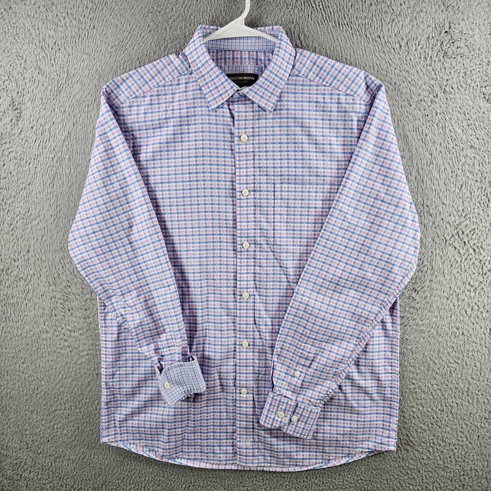 Johnston & Murphy Mens‎ Medium Pink Blue Check Button Down Cotton Shirt